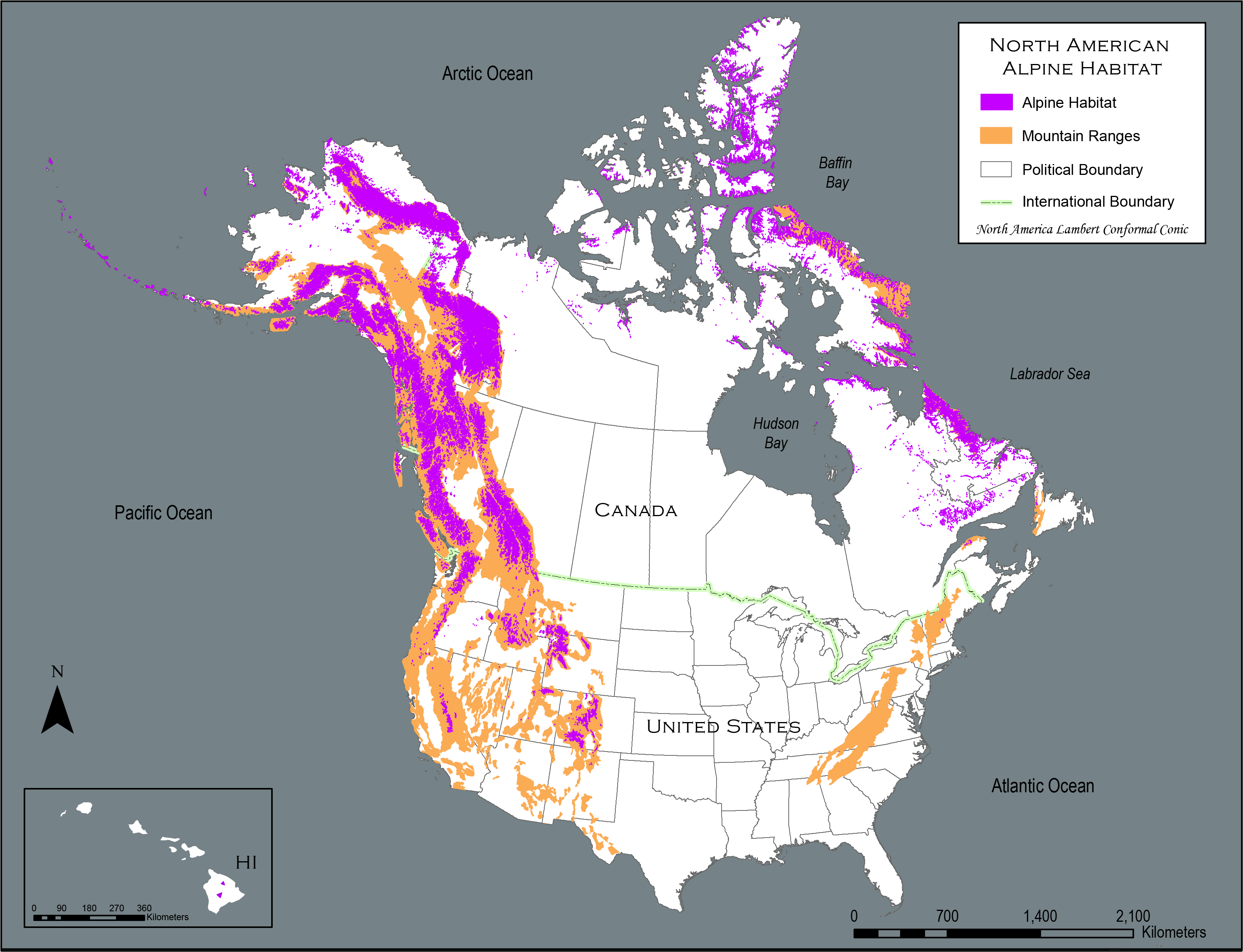 A colorful map highlighting North American Alpine Areas - Betty Ford Alpine Gardens